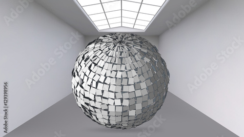 Abstract Creative concept vector background of geometric shapes - ball in the large Studio room with window. Modern office. Realistic Vector Illustration eps 10 for your design.