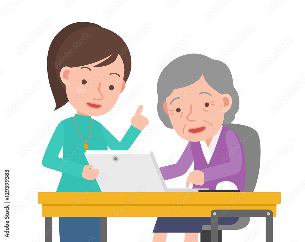 Teachers and old woman of computer learning Teachers and old woman of computer learning