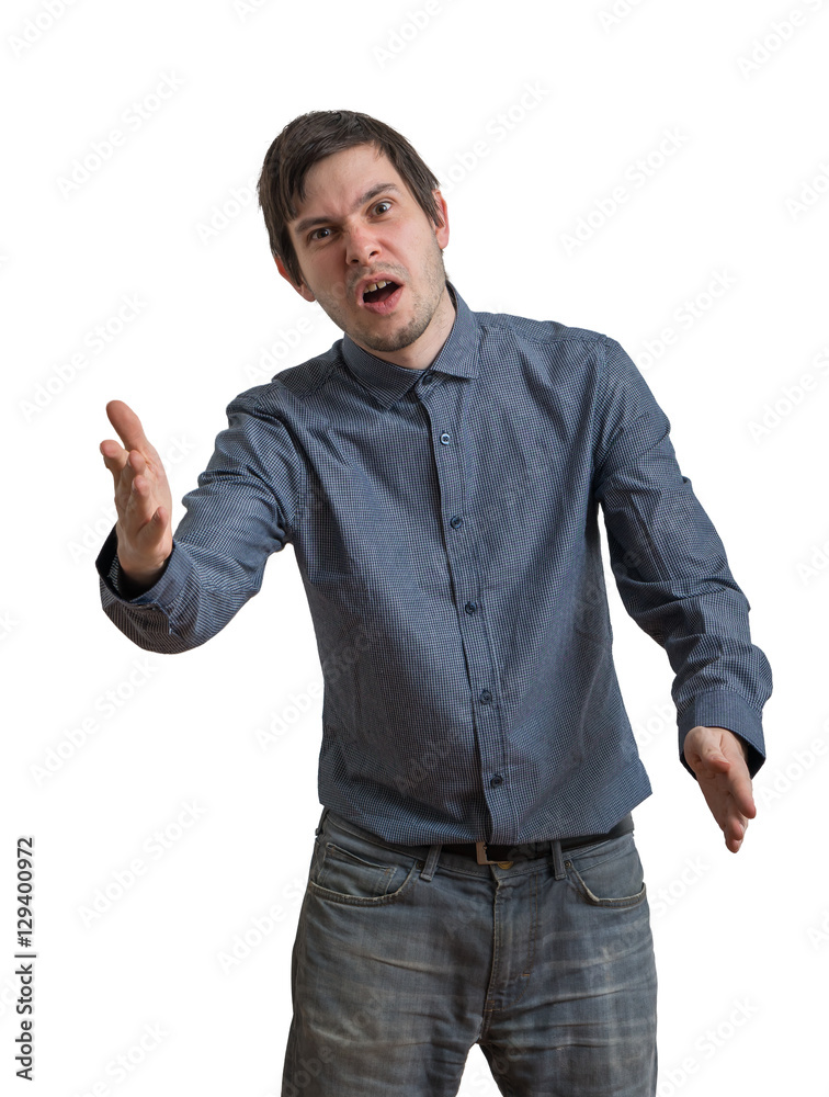 Angry man is arguing and explaining something. Isolated on white background. Angry man is arguing and explaining something. Isolated on white background.