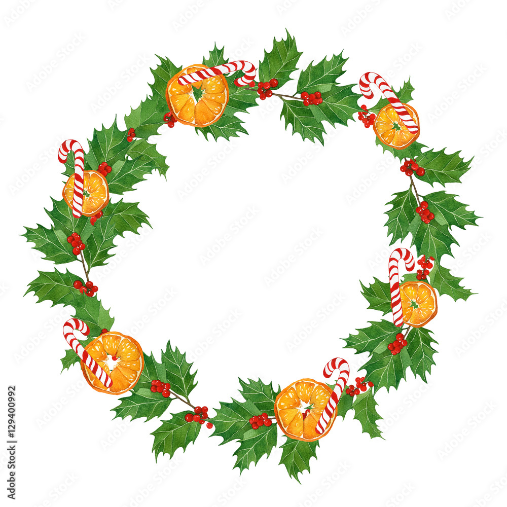 christmas watercolor wreath with oranges,candy canes,holly berries and leaves on white background.hand drawn illustration.