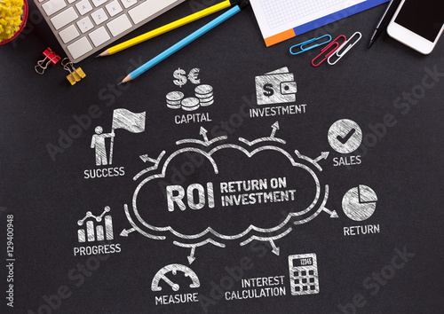 ROI Return on Investment Chart with keywords and icons on blackb