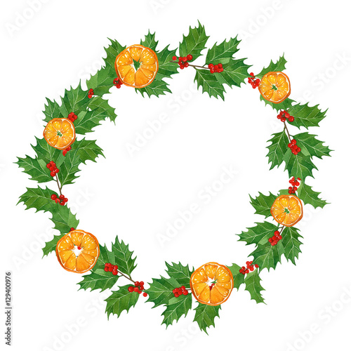 Fototapeta Naklejka Na Ścianę i Meble -  christmas watercolor traditional wreath with oranges,holly berries and leaves on white background.hand drawn illustration.