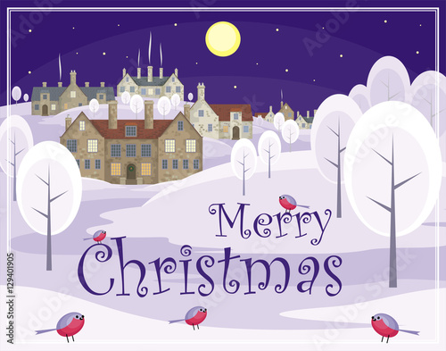 Christmas greeting card with the image of bullfinches and small English villages with old stone houses. Winter landscape. Vector illustration.