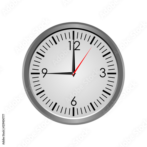 Round office clock showing nine o'clock isolated on white background. Vector illustration