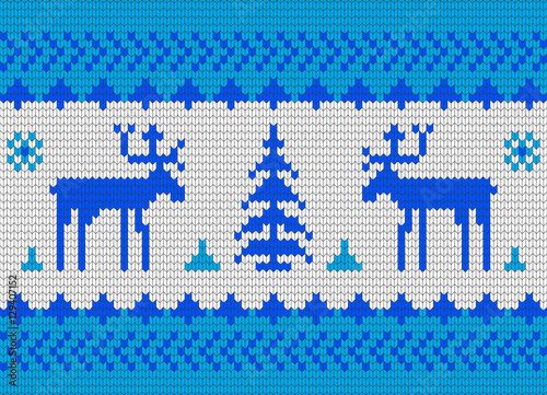 Winter knitted pattern with Christmas trees and reindeer blue