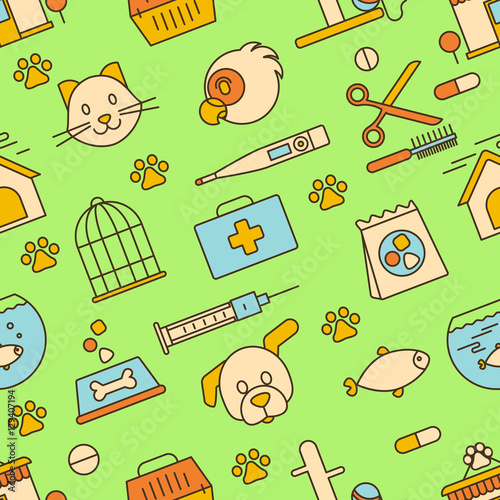 Pet shop, vet clinic. Seamless pattern. Vector flat illustrations