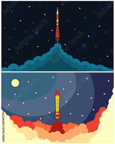 Set of space rocket launch. Vector illustration with flying rocket. Space travel. Project development. Creative idea.
