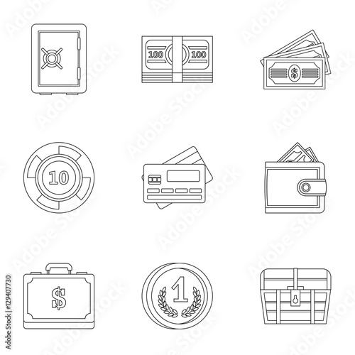 Monetary resource icons set. Outline illustration of 9 monetary resource vector icons for web