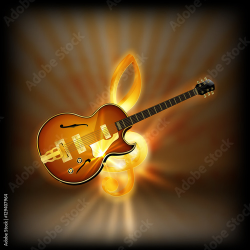 azz guitar on a blurred background of golden treble clef with flash. Achieved with a black background can be used with any image or text. photo