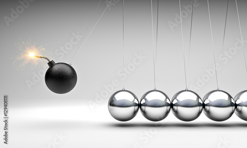  3d image of a classic newton cradle pendulum. nobody around. business concept and flowing time. the first ball is a bomb that is about to explode. lack of time.