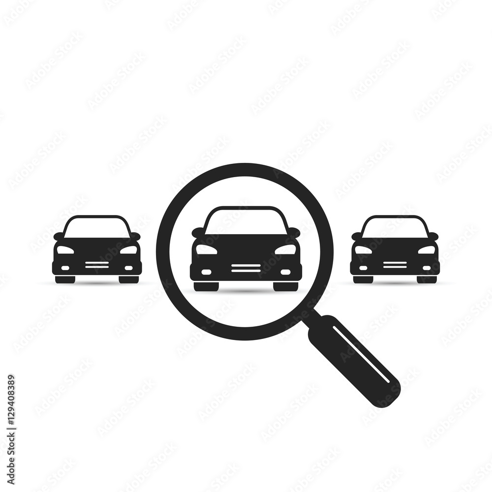 Search car sign, vector. Magnifying glass with car. Search car symbol. Looking for transport. Selection a car among others vehicles  illustration.