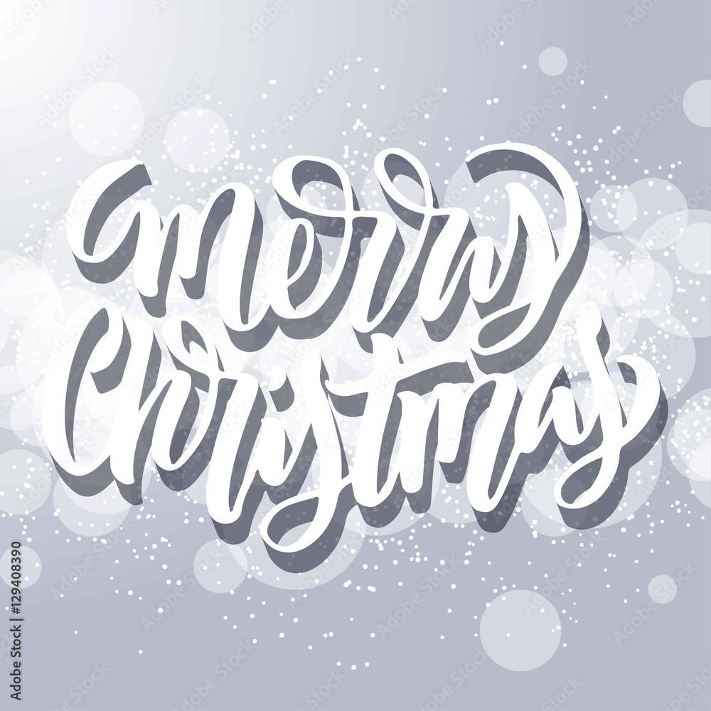Merry Christmas hand lettering on beautiful background with bokeh effect and light sparkles. Festive design, modern calligraphy.