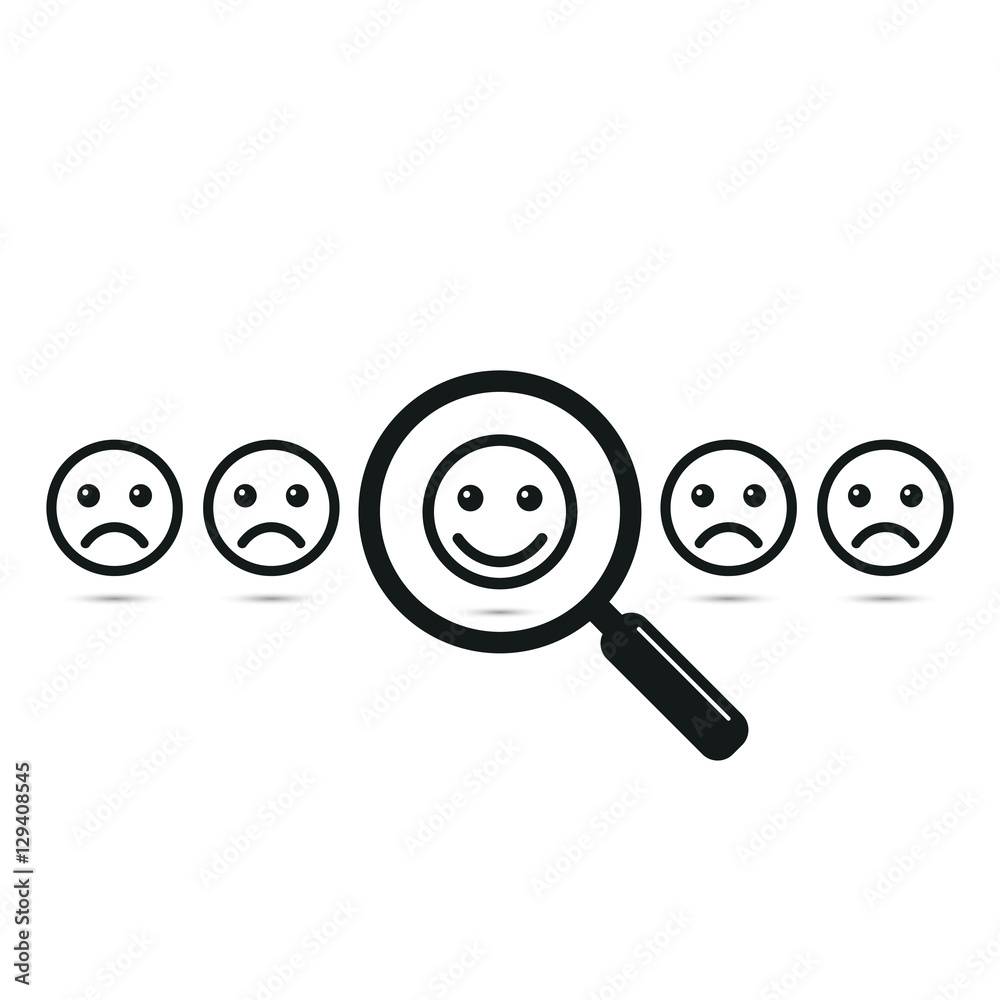 Search positive people concept. Magnifying glass with positive and negative emoticon or smiley. Vector illustration.