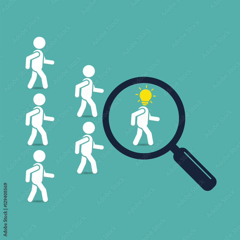 Search creative successful leader with idea, business concept . Crowd of people following behind their leader. Find employees and job, business, human resource, talent. Vector illustration. Search creative successful leader with idea, business concept . Crowd of people following behind their leader. Find employees and job, business, human resource, talent. Vector illustration.