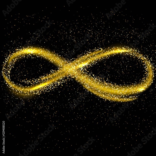 Abstract dark background with golden dust curve line, infinity sign. Vector illustration.