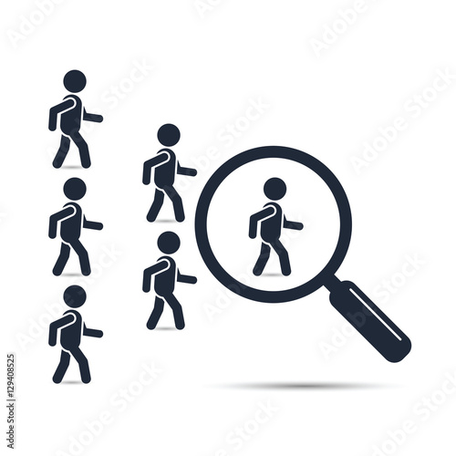 Search leader business concept with magnifying glass. Crowd following behind the team leader. Looking for employees and job, business, human resource, talent. Vector teamwork illustration.