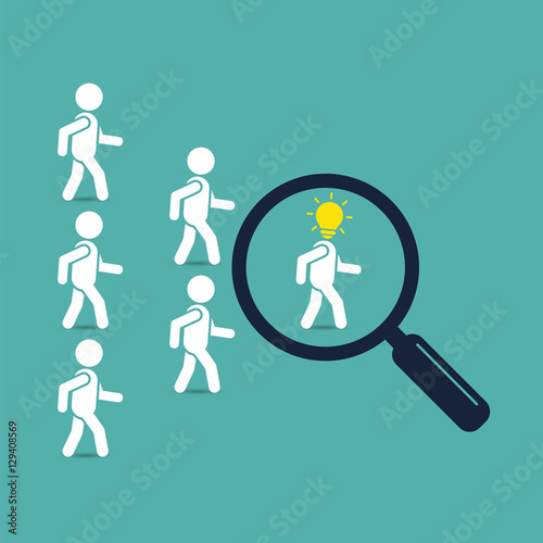 Search creative successful leader with idea, business concept . Crowd of people following behind their leader. Find employees and job, business, human resource, talent. Vector illustration.