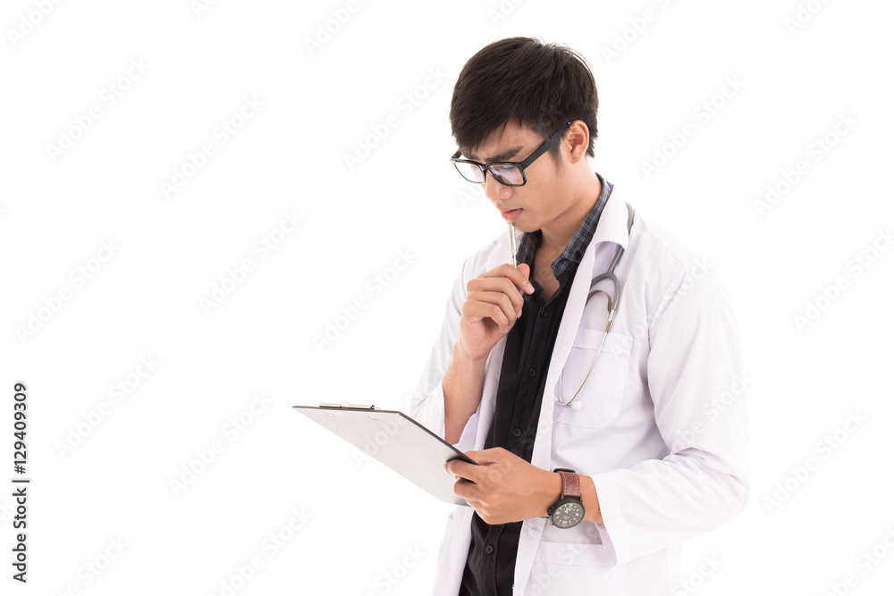 Male Doctor standing with folder, isolated on white background. Male Doctor standing with folder, isolated on white background.