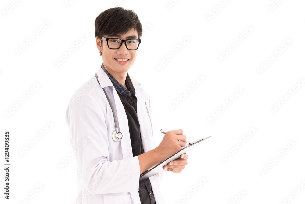Male Doctor standing with folder, isolated on white background. Male Doctor standing with folder, isolated on white background.