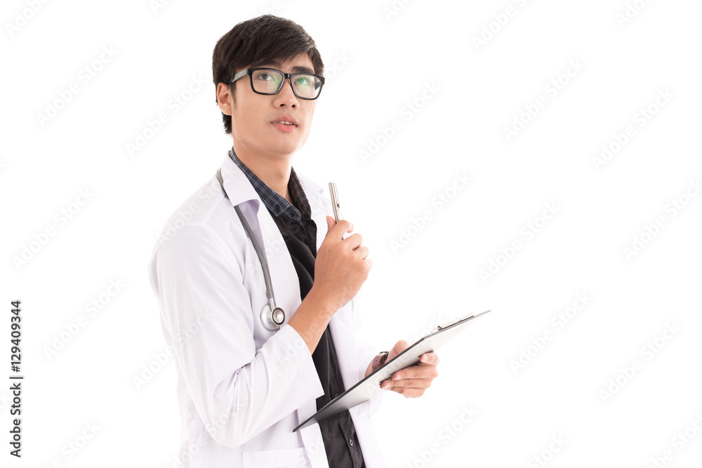 Male Doctor standing with folder, isolated on white background. Male Doctor standing with folder, isolated on white background.