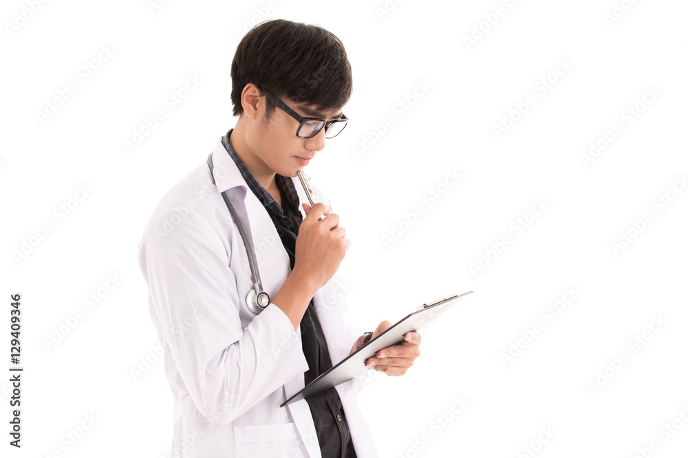 Male Doctor standing with folder, isolated on white background. Male Doctor standing with folder, isolated on white background.