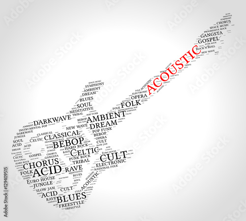 Acoustic. Word cloud, guitar, gradient grey background. Music concept.