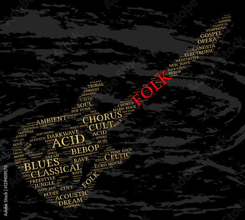 Folk. Word cloud, guitar, grunge background. Music concept.