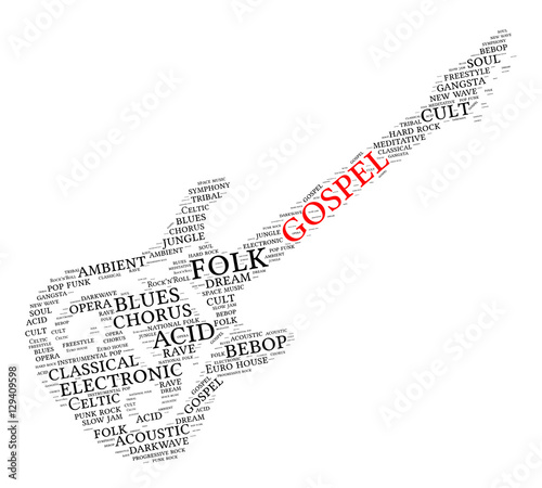 Gospel. Word cloud, guitar, white background. Music concept.