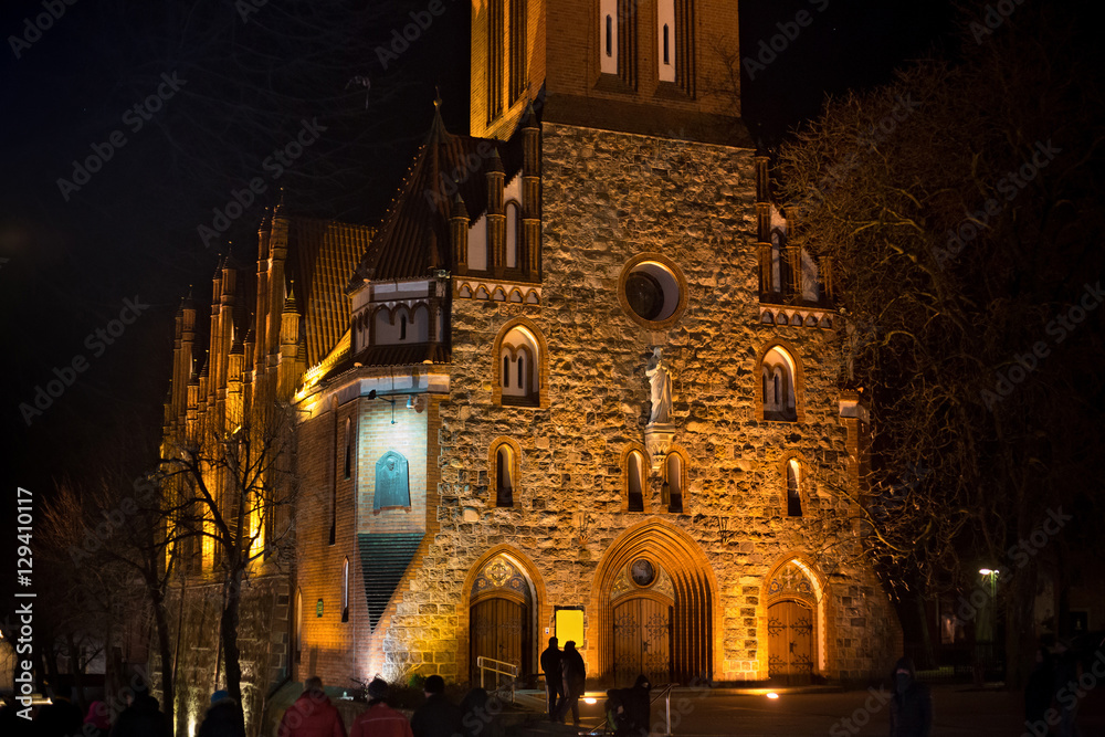 Details of Church of Sts. George in Sopot at night. Church was building in neo-gothic style in 1901, originally temple protestant, and since 1945 catholic.