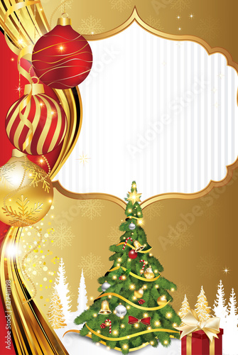 Winter holiday golden red greeting card with space for your own text (copy-space). Contains Christmas tree, Christmas decorations, baubles, gifts. Print colors used. Size of a custom postcard.