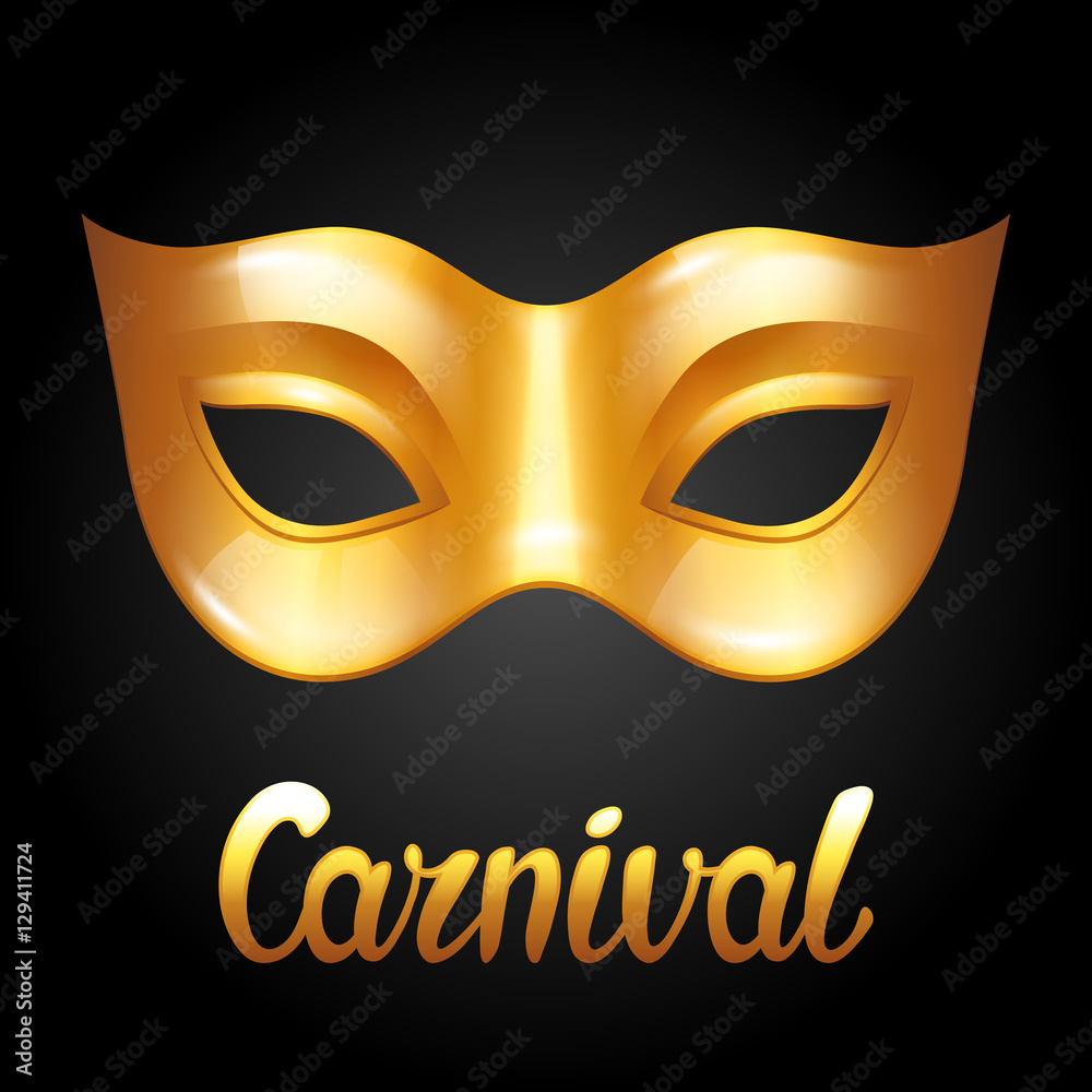 Carnival invitation card with golden mask. Celebration party background
