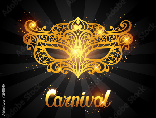 Carnival invitation card with golden lace mask. Celebration party background