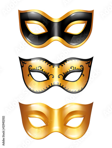 Set of golden carnival venetian masks on white background
