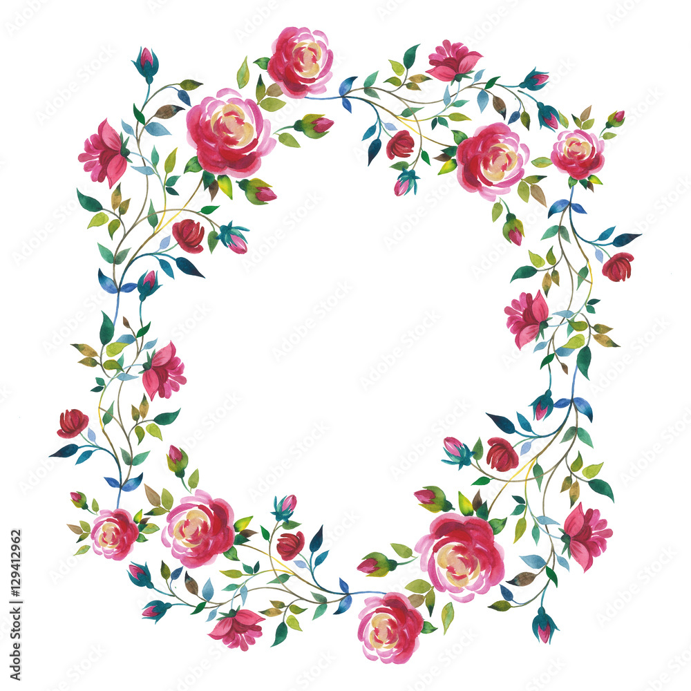 Wildflower rose flower wreath in a watercolor style isolated.