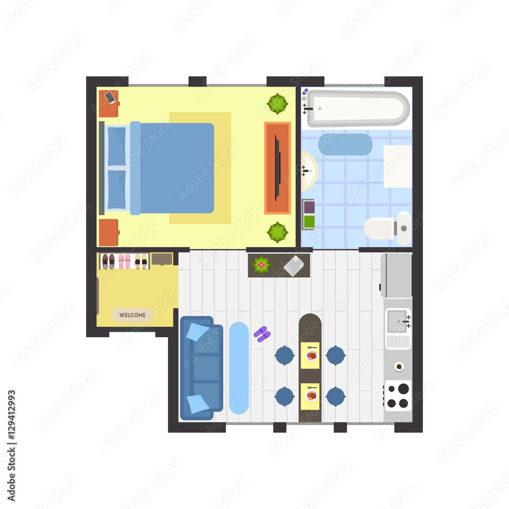 Fototapeta premium Apartment Floor Plan with Furniture Top View. Vector
