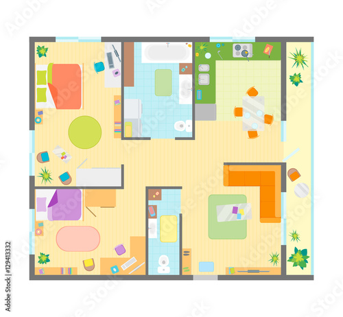 Apartment Floor Plan with Furniture Top View. Vector