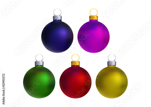 Set of realistic christmas balls in five different colors with matte glitter isolated on white background. Vector illustration