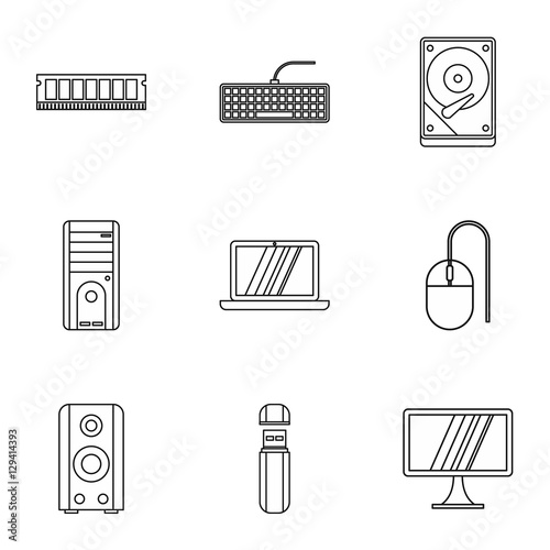 Computer icons set. Outline illustration of 9 computer vector icons for web