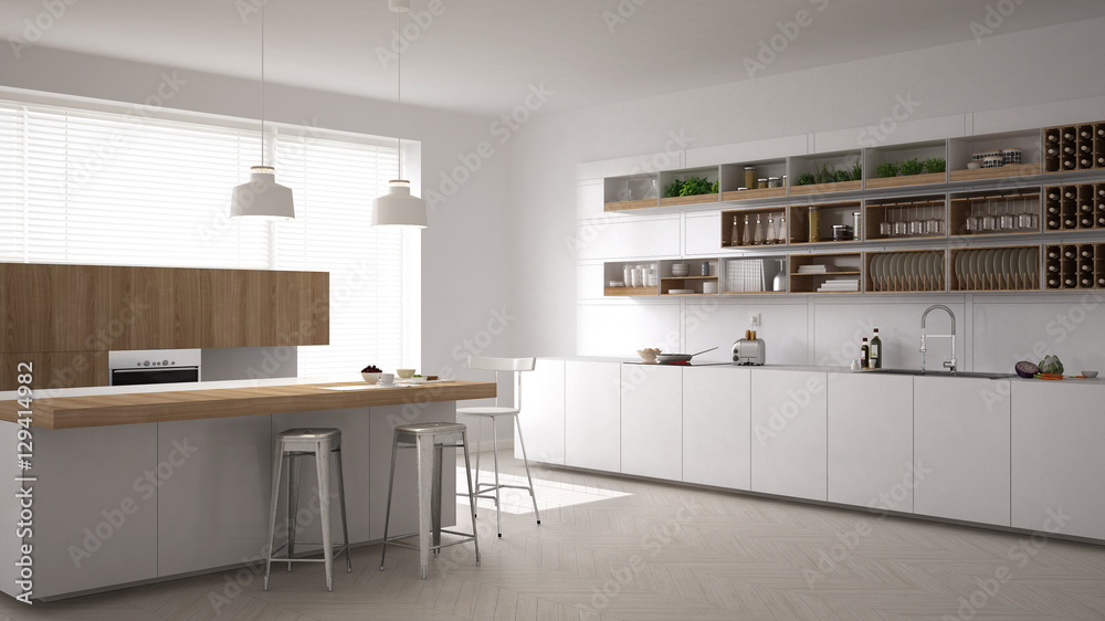 Scandinavian white kitchen, minimalistic interior design