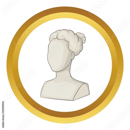 Sculpture head of woman vector icon in golden circle, cartoon style isolated on white background