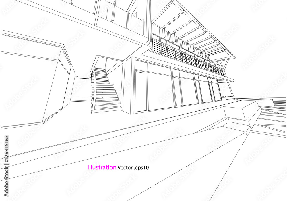Fototapeta premium commercial building structure architecture abstract drawing, 3d illustration vector 