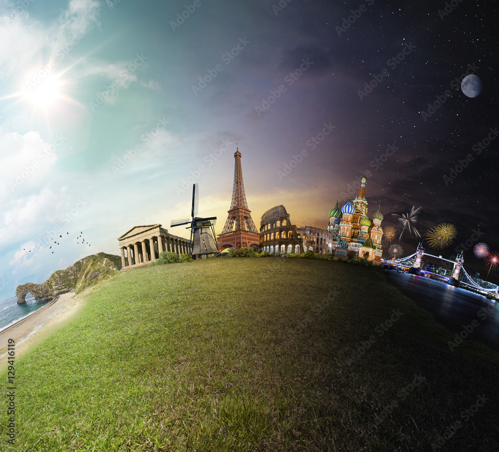 Obraz premium Day to Night Europe Building and Landscape