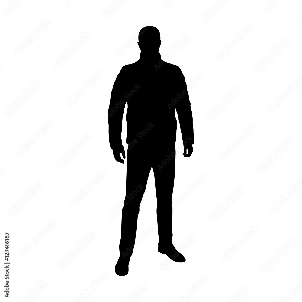 Man standing in feather jacket, vector silhouette