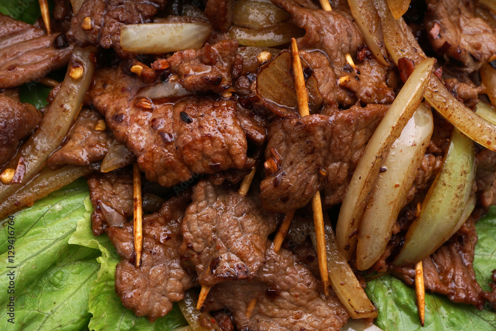 Chinese food. Chinese spicy veal on stick Chinese food. Chinese spicy veal on stick