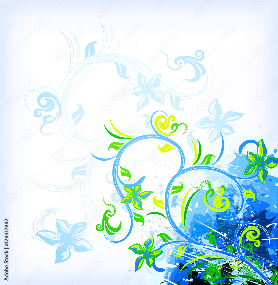Floral blue on grunge background. Vector