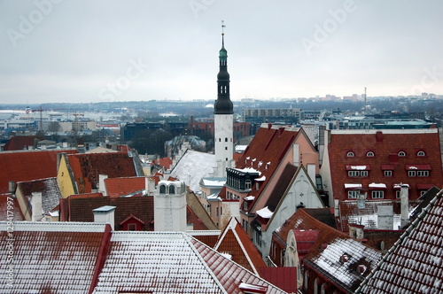 Top view of Tallinn City Hall tower and Old Town in winter, Estonia