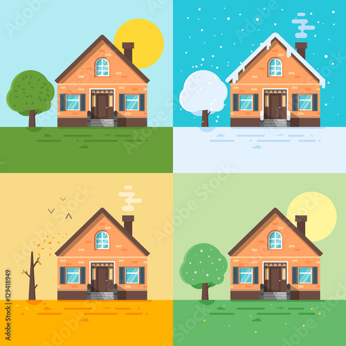 ector flat style illustration of houses in different seasons