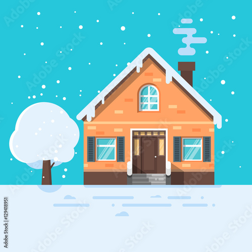 Vector flat style illustration of winter house with tree.