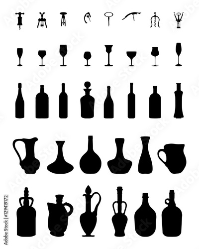 Silhouettes of bowls, bottles, glasses and corkscrew, vector