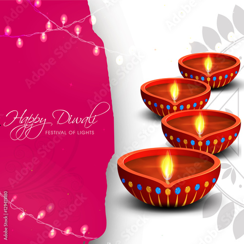 Greeting Card with Oil Lamps for Happy Diwali.